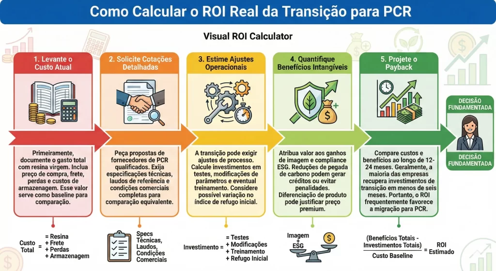 Diagrama de 5 passos para calcular ROI da transição de resina virgem para PCR