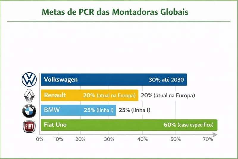 Gráfico comparativo das metas de uso de plástico reciclado PCR por montadoras - Volkswagen, Renault, BMW e Fiat