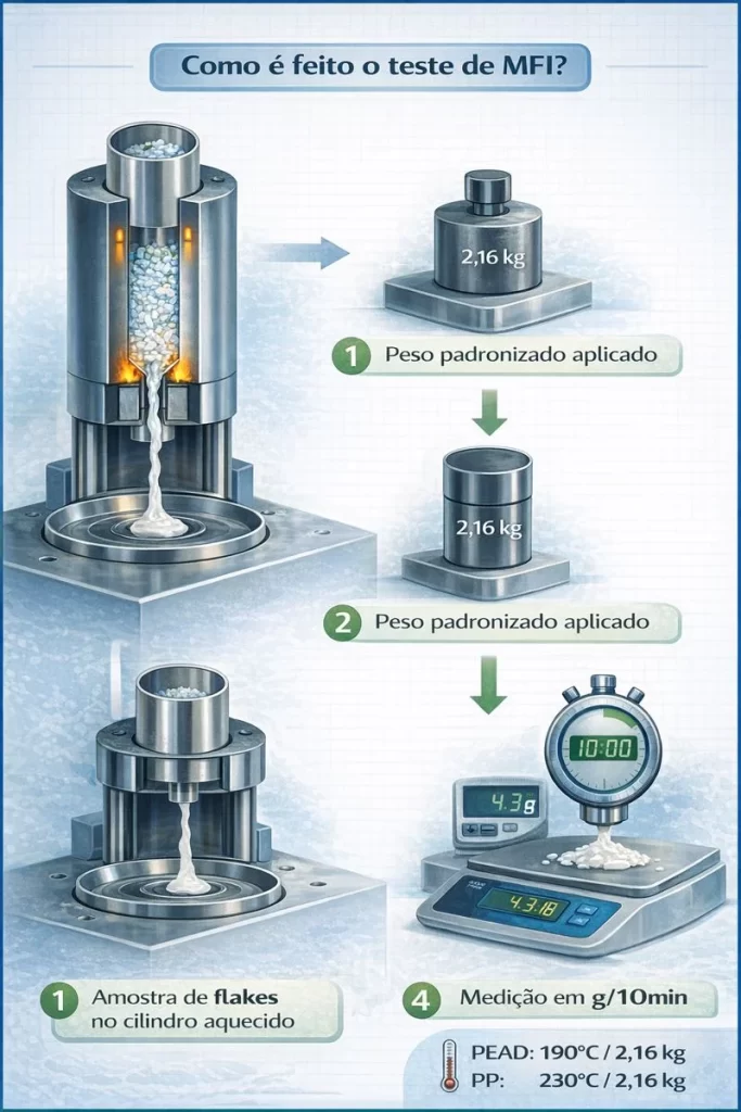 Ilustração das 4 etapas do teste de MFI em plástico reciclado - do aquecimento à medição