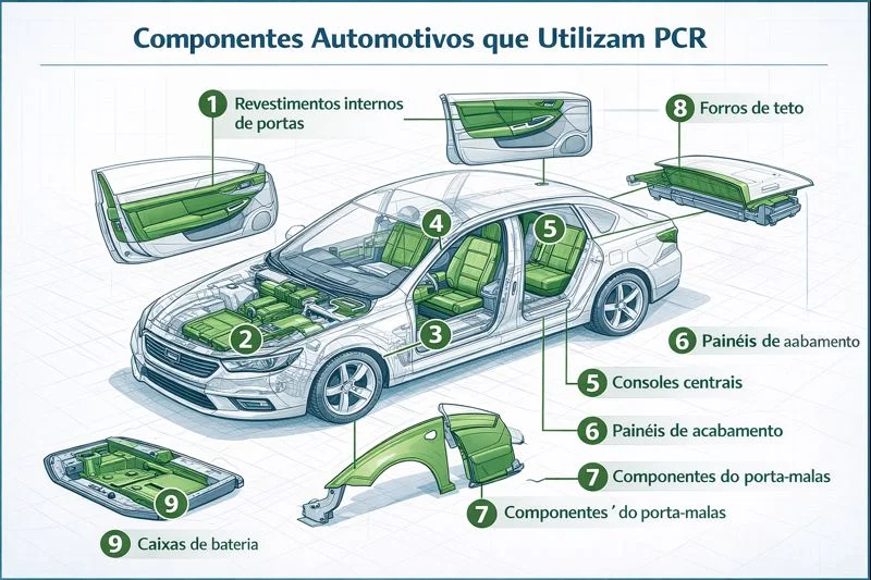 Ilustração técnica de veículo mostrando 9 componentes automotivos que utilizam plástico reciclado PCR