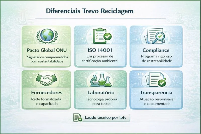 Tabela dos 6 diferenciais da Trevo Reciclagem como fornecedora de PCR para indústria automotiva