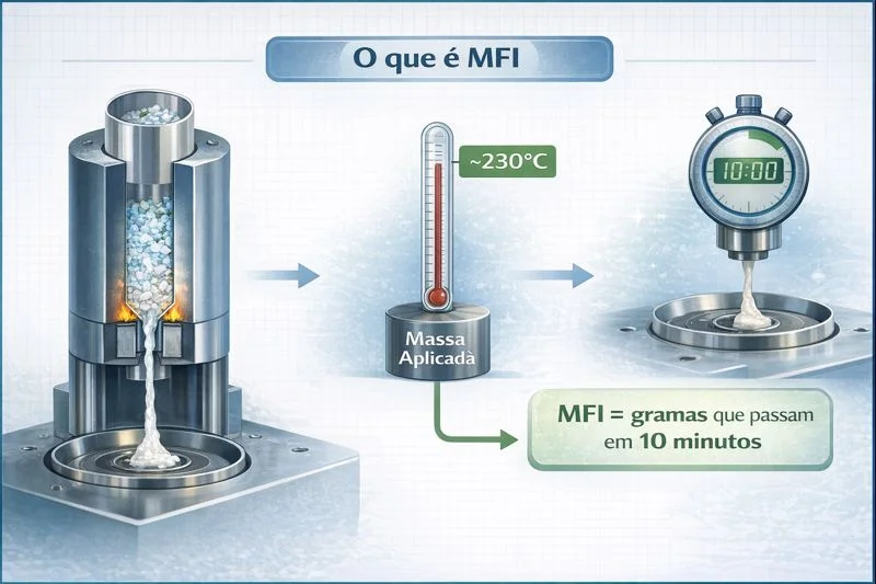 Infográfico explicando o que é MFI - índice de fluidez medido em gramas por 10 minutos