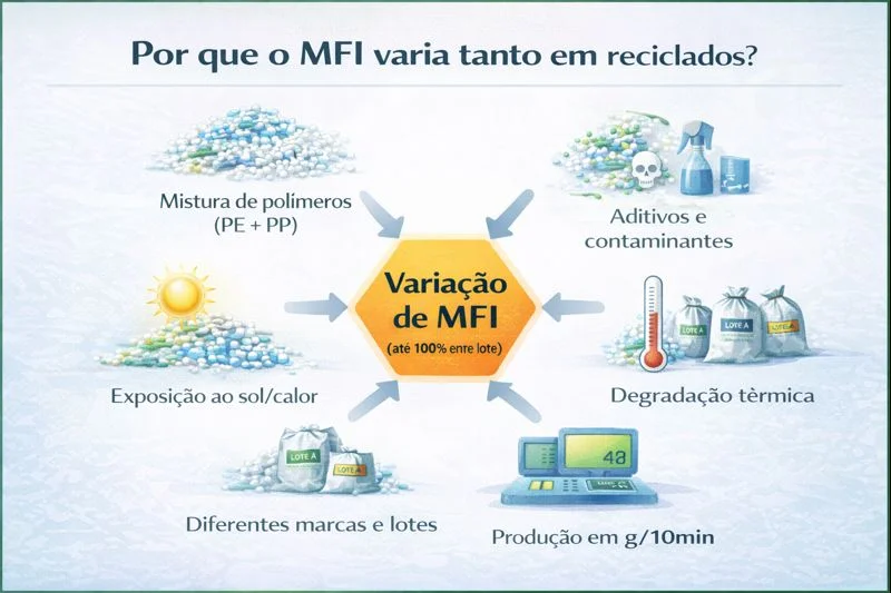 diagrama que explica porque o mfi varia tanto entre os reciclados