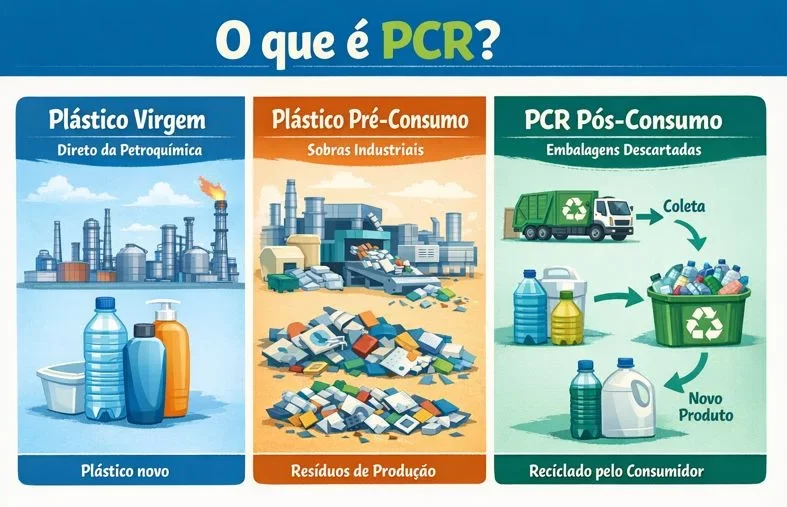 Infográfico comparativo entre plástico virgem, pré-consumo e PCR pós-consumo