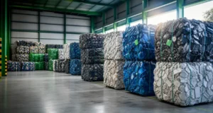 Fardos de PP rígido empilhados em galpão de reciclagem industrial