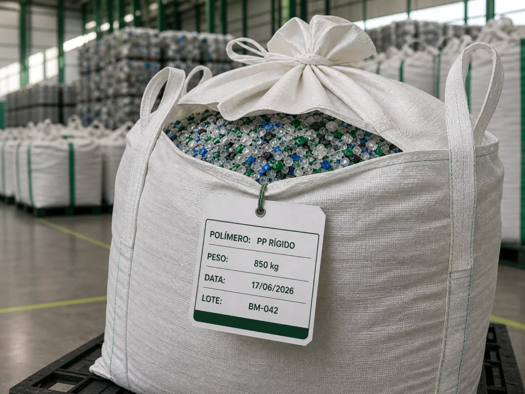 Big bag de boca de moinho plástico reciclado identificado com etiqueta de polímero e peso para venda industrial