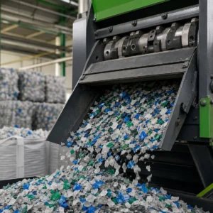 Boca de moinho plástico reciclado: moedor industrial gerando fragmentos de PP rígido e PEAD