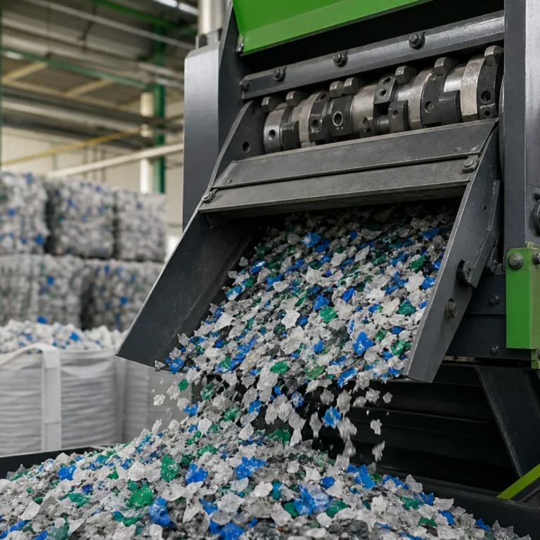 Boca de moinho plástico reciclado: moedor industrial gerando fragmentos de PP rígido e PEAD