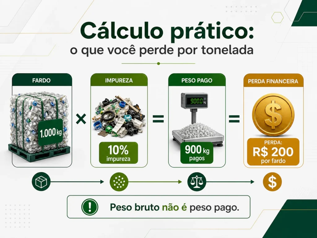 Infográfico: cálculo de perda de receita por impureza em fardo plástico — 1.000 kg com 10% vale 900 kg