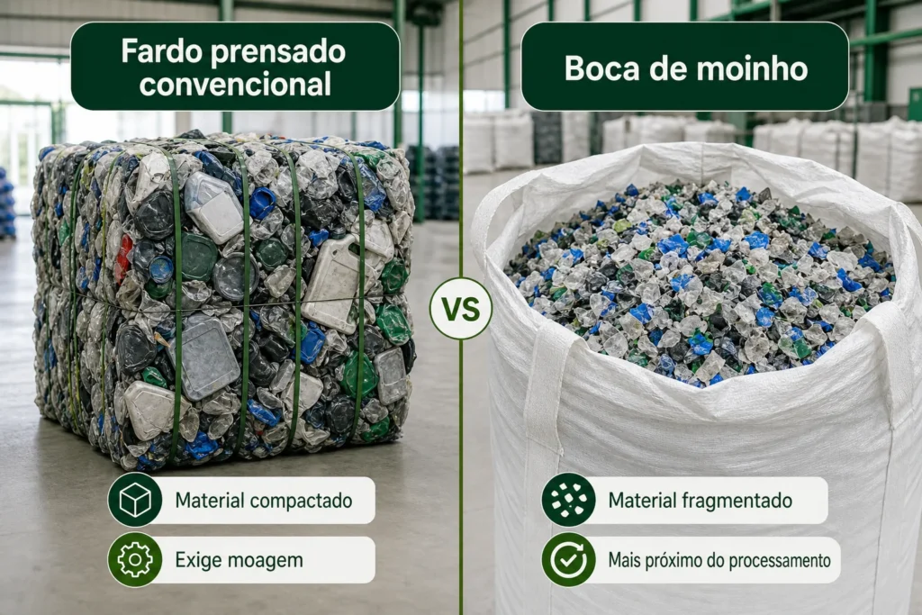 Comparativo fardo boca de moinho versus fardo prensado convencional de plástico reciclado