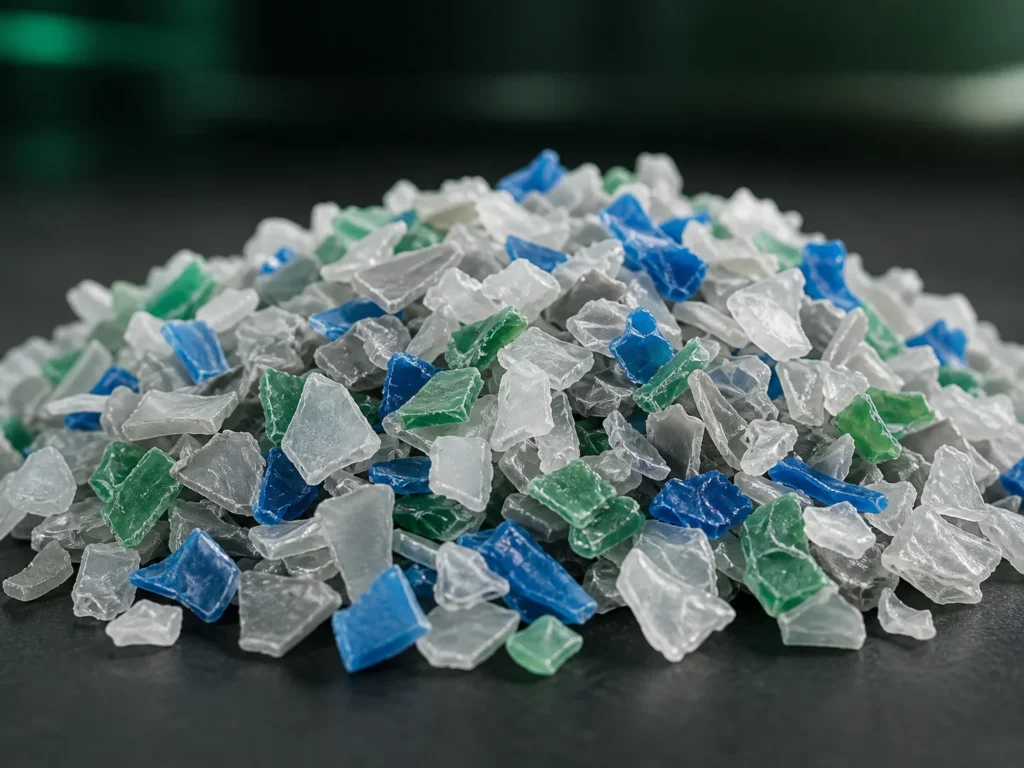 Close em fragmentos de PP rígido e PEAD boca de moinho de alta qualidade: material limpo, cor uniforme, granulometria regular. Fundo neutro escuro.