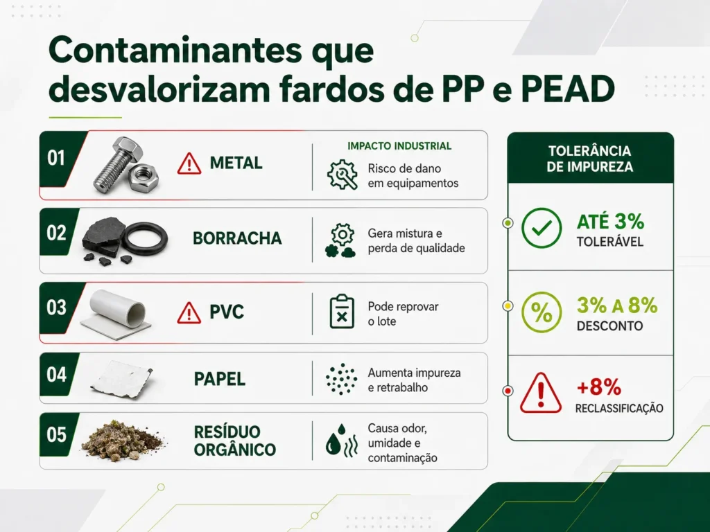 Infográfico: principais contaminantes que desvalorizam fardos de PP e PEAD no mercado industrial