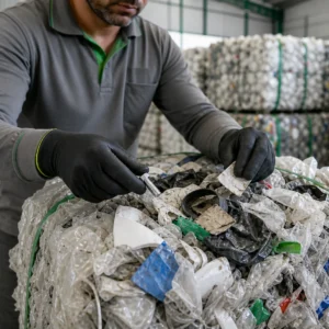 Inspeção de fardo plástico: operador avaliando impureza em PP e PEAD antes do recebimento industrial