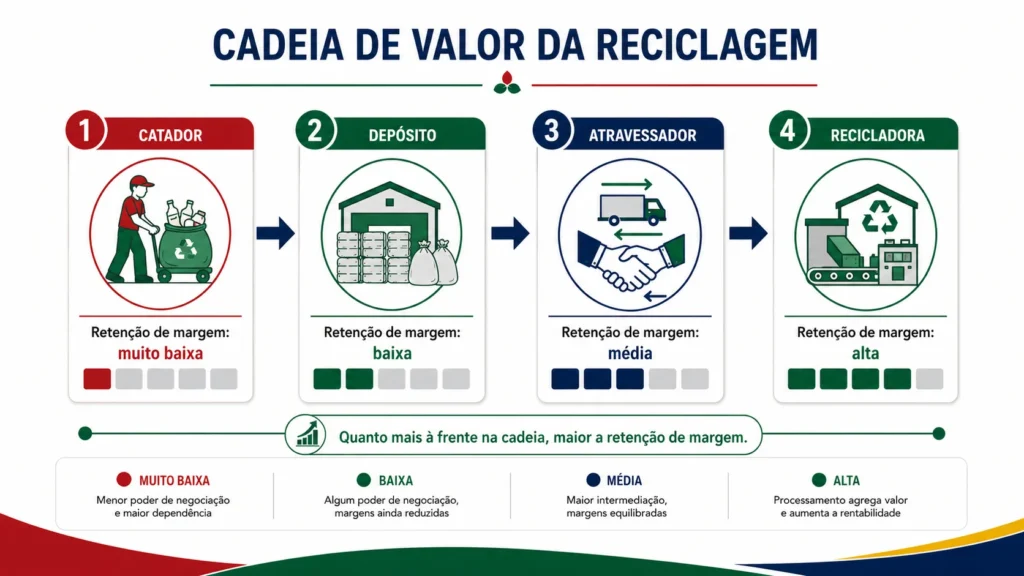 Infográfico da cadeia do plástico pós-consumo e a margem retida por cada intermediário