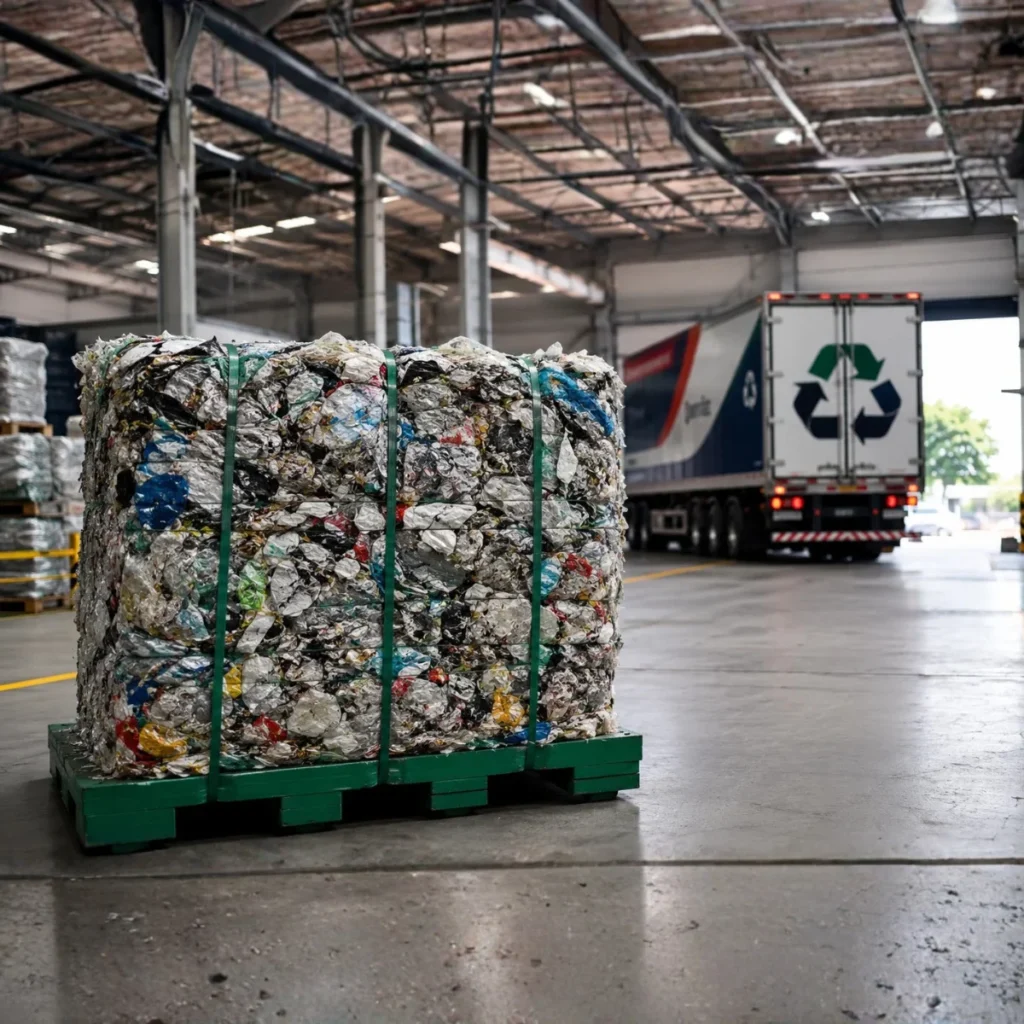 Vender PCR direto para recicladora: o que muda no seu preço - imagem de Fardo de PP rígido pronto para venda direta à recicladora em galpão de triagem
