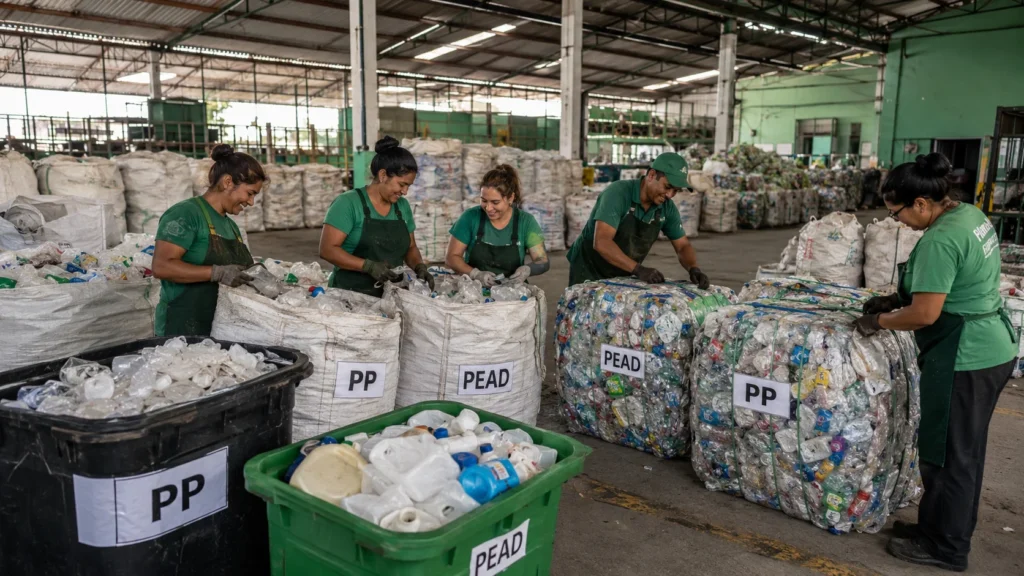 Cooperativa de catadores organizando fardos de PP e PEAD