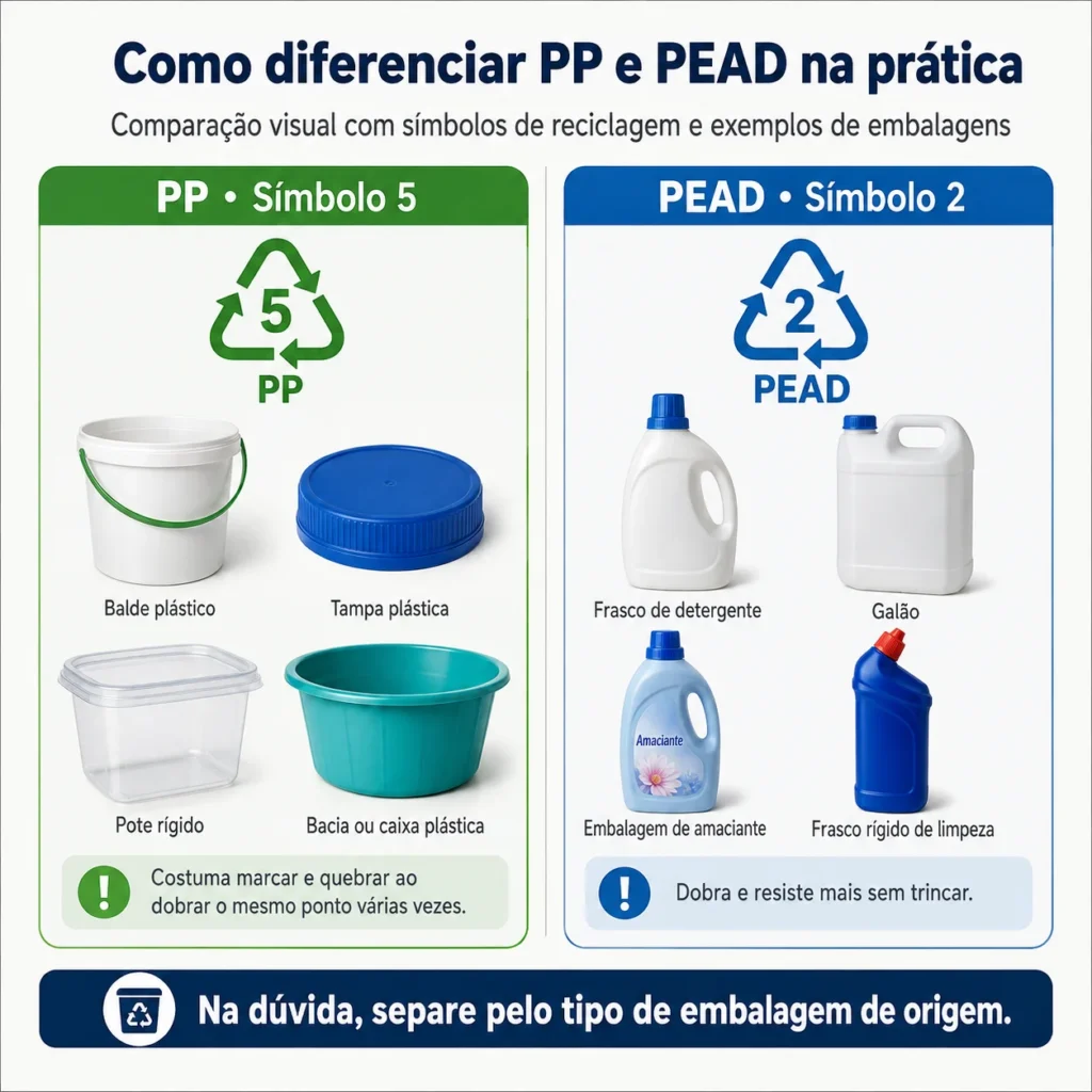 Diferença entre PP símbolo 5 e PEAD símbolo 2 em embalagens