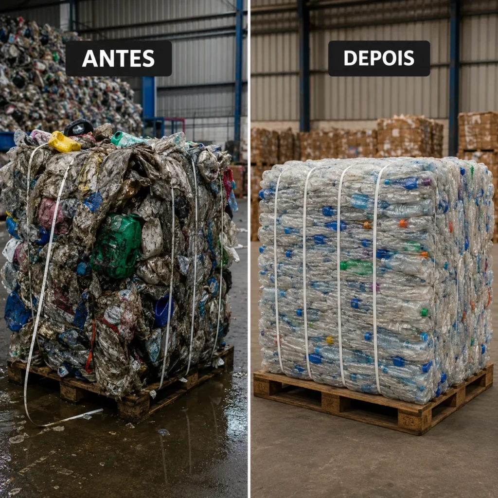 Fardo mal preparado ao lado de fardo bem prensado e seco