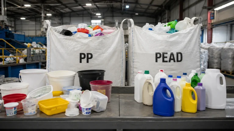 Recipientes de PP e PEAD separados e etiquetados na triagem