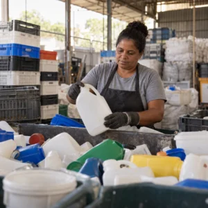 : Catador separando plástico reciclável PP e PEAD para venda