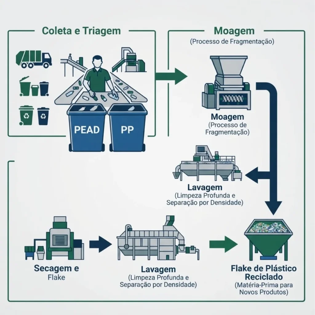 Fluxo da reciclagem de PP e PEAD: coleta, triagem, moagem, lavagem e flake