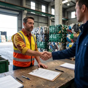 Contrato de fornecimento de sucata plástica sendo revisado entre gerador industrial e comprador, com fardos de PP e PEAD ao fundo