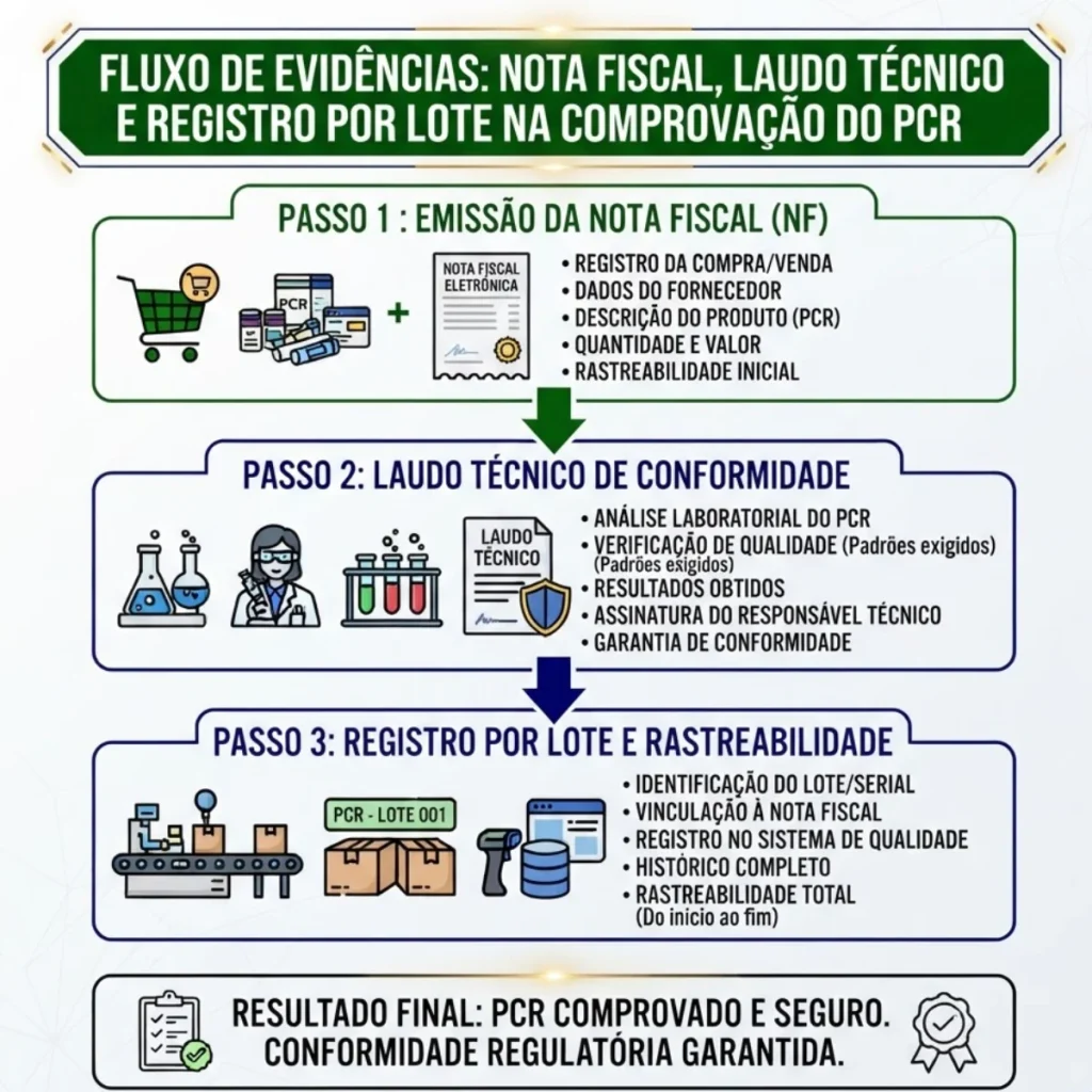 Nota fiscal, laudo técnico e registro por lote na comprovação do PCR
