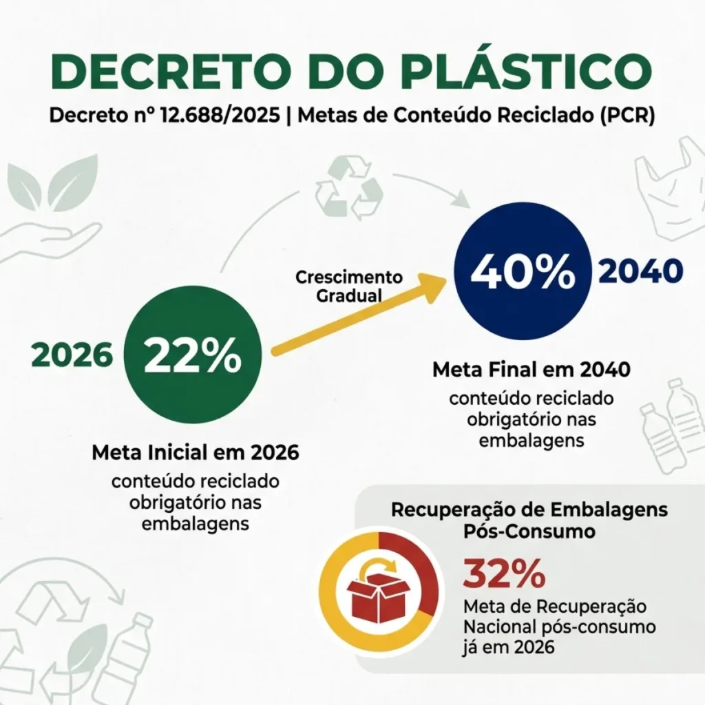 Metas de conteúdo reciclado do Decreto do Plástico: 22% em 2026 até 40% em 2040