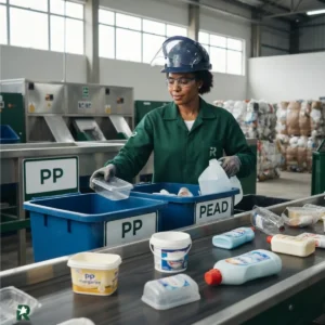 Mulher separando plástico reciclável PP e PEAD